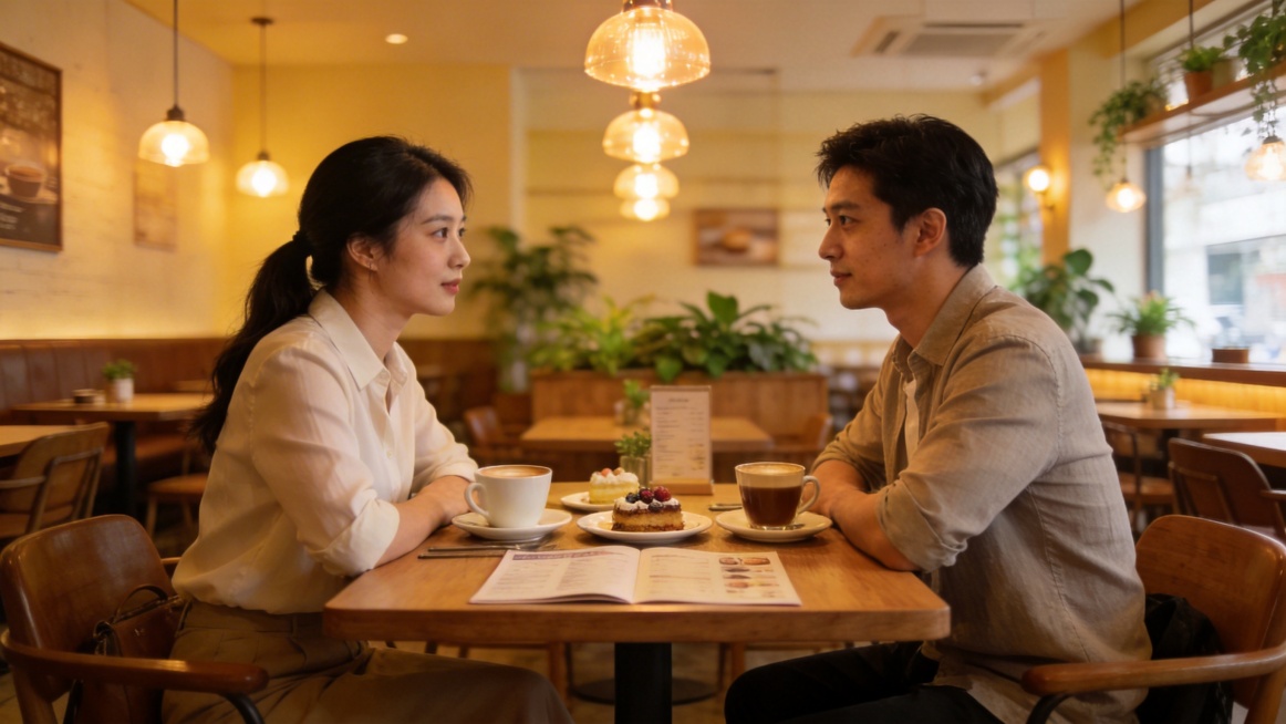 温馨明亮的咖啡厅内，男女青年相对而坐进行相亲，两人形象位于画面正中间，氛围轻松柔和，细节丰富，画面真实自然预览效果