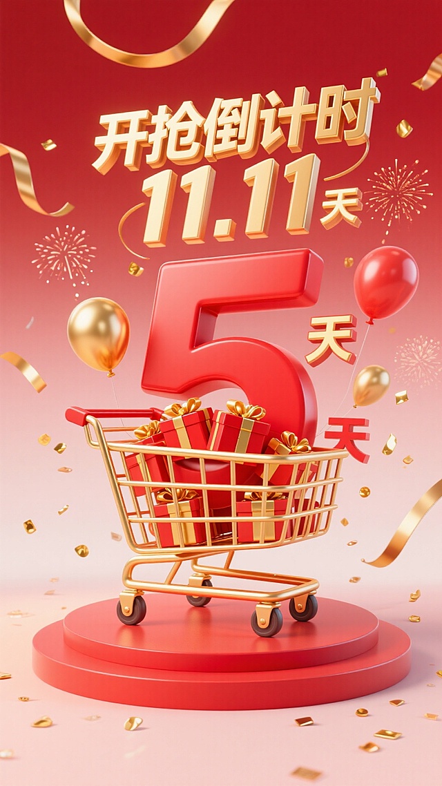 超大号红色卡通购物车，车筐内装满红金礼盒和 “11.11” 气球，车轮边缘镀金色；购物车上方用金色艺术字写 “开抢倒计时”，下方搭配红色立体字 “5 天”；周围漂浮金色丝带、小型烟花、碎金片，背景为浅红到深红的渐变，底部设红色弧形展台，整体活泼可爱