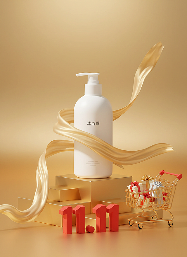 画面以金色渐变为主色调，背景点缀金色丝带，营造高级促销氛围，图中主体被摆放在错落有致的金色展台上，画面下方有红色立体数字 “11.11” 和装满礼盒的购物车装饰。