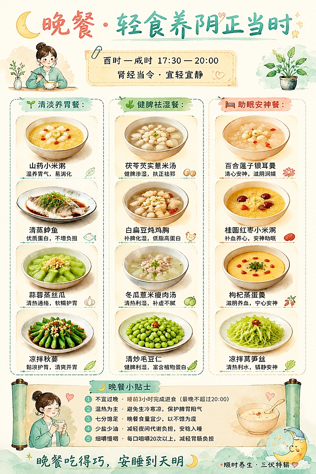 晚餐（17:30—20:00）
整体排版结构：三大板块横排（清淡养胃 / 健脾祛湿 / 助眠安神），每个板块内四道菜品（带实物照片）+ 底部晚餐小贴士横条

顶部标题（手写体）
🌙 晚餐 · 轻食养阴正当时

时间牌（手绘标签纸风格）
酉时 — 戌时
17:30 — 20:00 肾经当令 · 宜轻宜静

三大板块（横排三列，手绘虚线框）
🌱 清淡养胃餐	🌿 健脾祛湿餐	🛌 助眠安神餐
📷 山药小米粥	📷 茯苓芡实薏米汤	📷 百合莲子银耳羹
📷 清蒸鲈鱼	📷 白扁豆炖鸡胸	📷 桂圆红枣小米粥
📷 蒜蓉蒸丝瓜	📷 冬瓜薏米瘦肉汤	📷 枸杞蒸蛋羹
📷 凉拌秋葵	📷 清炒毛豆仁	📷 凉拌莴笋丝
每道菜详细标注（放在对应菜品照片下方小字）

🌱 清淡养胃餐

山药小米粥 · 温养胃气，易消化

清蒸鲈鱼 · 优质蛋白，不增负担

蒜蓉蒸丝瓜 · 清热通络，软糯护胃

凉拌秋葵 · 黏液护胃，清爽开胃

🌿 健脾祛湿餐

茯苓芡实薏米汤 · 健脾渗湿，扶正祛邪

白扁豆炖鸡胸 · 补脾化湿，低脂高蛋白

冬瓜薏米瘦肉汤 · 清热利湿，补虚不腻

清炒毛豆仁 · 健脾利湿，富含植物蛋白

🛌 助眠安神餐

百合莲子银耳羹 · 清心安神，滋阴润燥

桂圆红枣小米粥 · 补血养心，安神助眠

枸杞蒸蛋羹 · 滋阴养血，宁心安神

凉拌莴笋丝 · 清热利水，镇静安神

【下半部分】晚餐小贴士（手绘横幅/卷轴风格）

text
🌙 晚餐小贴士

① 不宜过晚 · 睡前3小时完成进食（最晚不超过20:00）
② 温热为主 · 避免生冷寒凉，保护脾胃阳气
③ 七分饱足 · 晚餐食量宜少，以不饿为度
④ 少盐少油 · 减轻夜间代谢负担，安稳入睡
⑤ 细嚼慢咽 · 每口咀嚼20次以上，减轻胃肠负担
底部手写金句
晚餐吃得巧，安睡到天明 🌙

右下角手绘小月亮 + 落款
顺时养生 · 三伏特辑