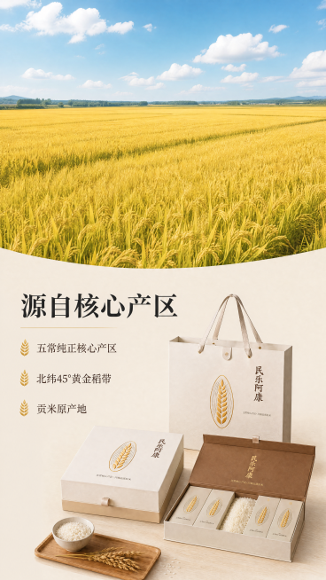 [第2屏] 五常核心产区优势展示屏，民乐阿康五常大米。[氛围/风格] 自然开阔场景，真实田园风光，通透自然光影，商业摄影质感，突出产地优势。[元素布局] 上半部分为黑龙江五常稻田实景，一望无际金黄色稻预览效果