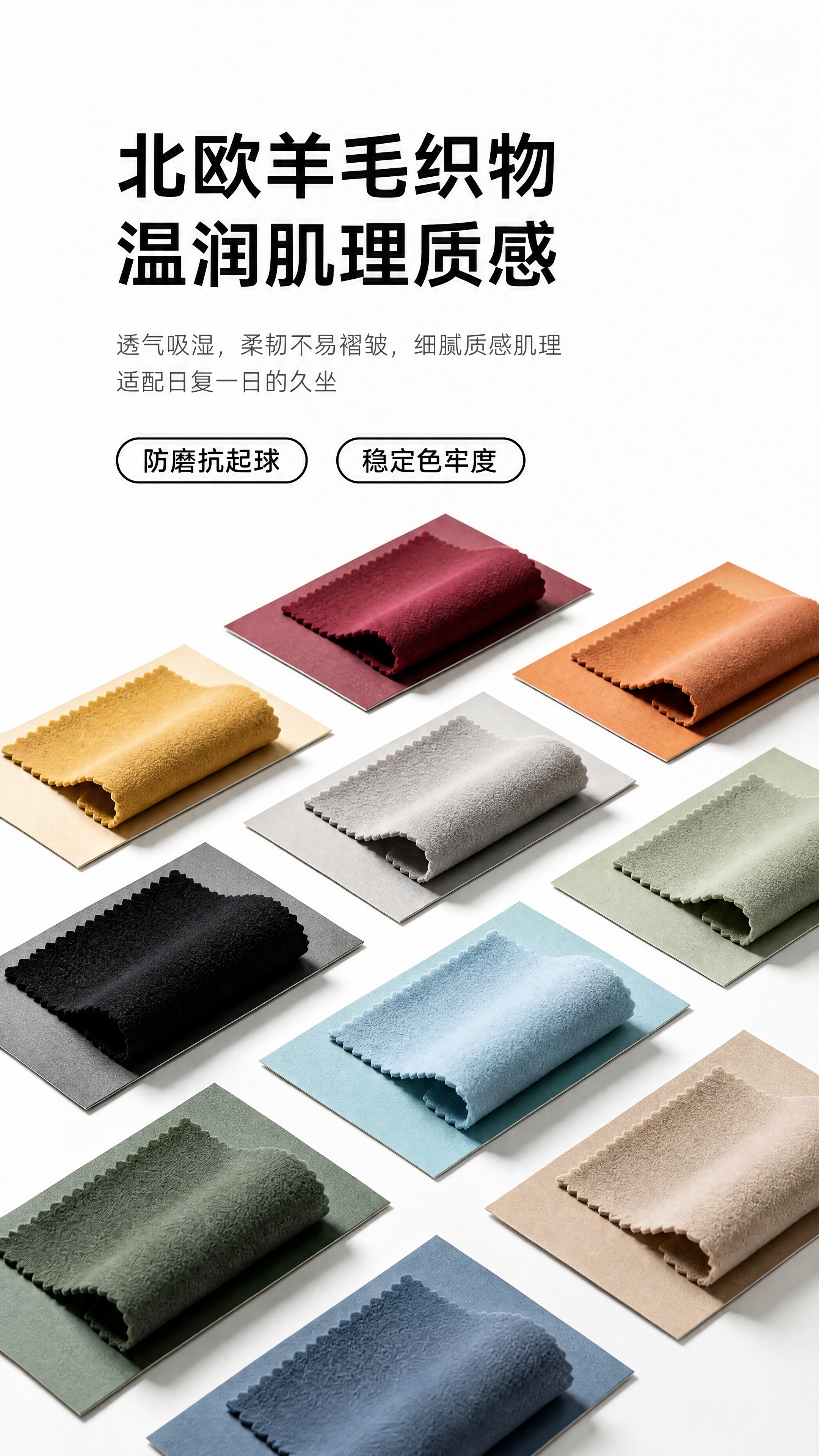 [商品] 使用参考图中的北欧羊毛织物多色色卡；保留各色面料样本… - 图片创意预览