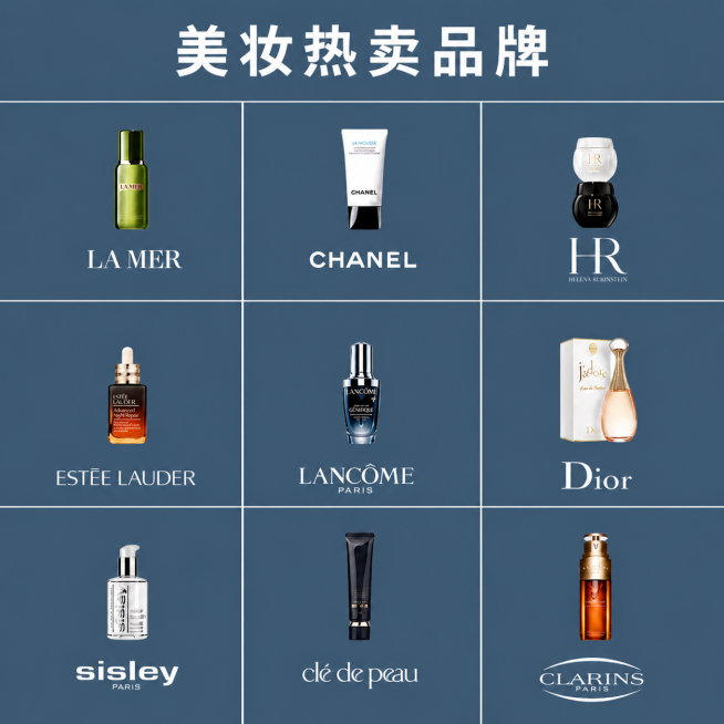 在九宫格图片上方添加白色文字标题“美妆热卖品牌”，保持其他内容不变，背景依然是#425a70预览效果