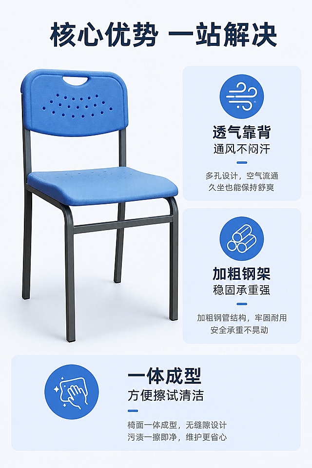 [第3屏] 核心卖点总览-会议椅三大核心优势展示。本屏使用【图2】蓝色款产品做主体展示。
[氛围/风格] 专业简约，清晰信息分层，商务办公质感。
[元素布局] 左侧放置蓝色款会议椅产品主体，占比约50%；右侧分上下排列两个卖点卡片，底部通栏放第三个卖点；产品结构颜色与原图一致；每个卖点配图标和说明文字。
[光影质感] 左侧产品柔光照明，整体明暗均匀，产品质感清晰突出。
[配色色系] 全局底色 #F5F7FA，主色产品蓝，辅助色深灰文字，浅蓝卡片背景。
[视角构图] 左产品右信息构图，阅读动线从上到下清晰自然。
[文字版式] 顶部主标题「核心优势 一站解决」，三个卖点分别为：「透气靠背 通风不闷汗」「加粗钢架 稳固承重强」「一体成型 方便擦试清洁」；主标题醒目，卖点文字清晰不遮挡产品。
[比例分辨率] 9:16竖版比例，4K分辨率，文字清晰可辨，高清画质。
[负向提示词] 产品变形，结构错误，颜色偏差，文字错乱，文字过小，背景杂乱