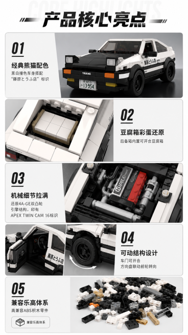 「图片1」「图片1」「图片1」「图片1」「图片1」「图片1」「图片1」「图片1」「图片1」生成一套产品详情，商品名称是头文字 D 丰田 AE86 Sprinter Trueno MOC 积木，卖点是预览效果