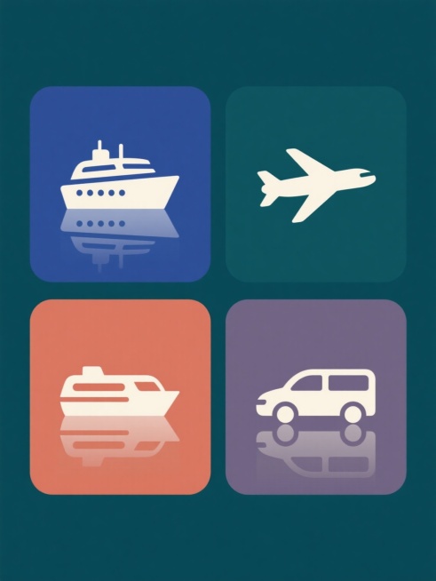 极简扁平风格系列图标集合，包含四个不同元素：邮轮、飞机、火车、汽车，每个元素均采用单色剪影设计，线条流畅简洁，带有对称的水面倒影效果，分别置于四个纯色背景色块中（深蓝、墨绿、赭石、灰紫），整体呈2x2网格规整排布，保持统一的简约图标风格与视觉平衡感。预览效果