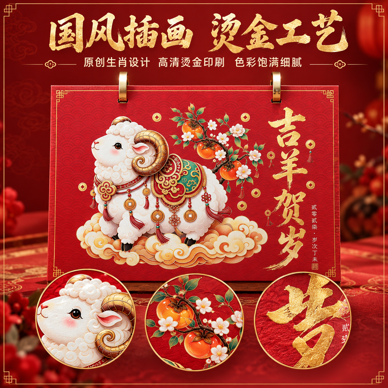 [主图-3] 封面插画细节与烫金工艺展示图，突出吉羊贺岁国风插… - 图片创意预览