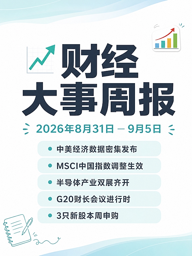 小红书笔记封面，清爽资讯风，白底+蓝绿色系，版式精美，小红书笔记封面质感，适合信息流点击。主标题必须完整呈现且为画面视觉中心，逐字锁定：「📈 财经大事周报」。副标题：「2026年8月31日 — 9月5日」。画面下方列出5个核心关键词，用圆角矩形标签样式呈现：「中美经济数据密集发布」「MSCI中国指数调整生效」「半导体产业双展齐开」「G20财长会议进行时」「3只新股本周申购」。背景：纯白色底，顶部和底部有淡蓝绿色渐变装饰条，干净清爽。标题排版：扁平粗黑体，深灰蓝色主标题，蓝绿色副标题，关键词标签用浅蓝绿底+深灰字。装饰：右上角1个小图表emoji贴纸，左下角1个手绘细线装饰，整体简洁专业。整体氛围：专业财经资讯、清爽易读、信息丰富。画质：高清细腻，信息层级清晰，文字完整处于安全区内不可裁切，四周留安全边距。画面比例3:4。