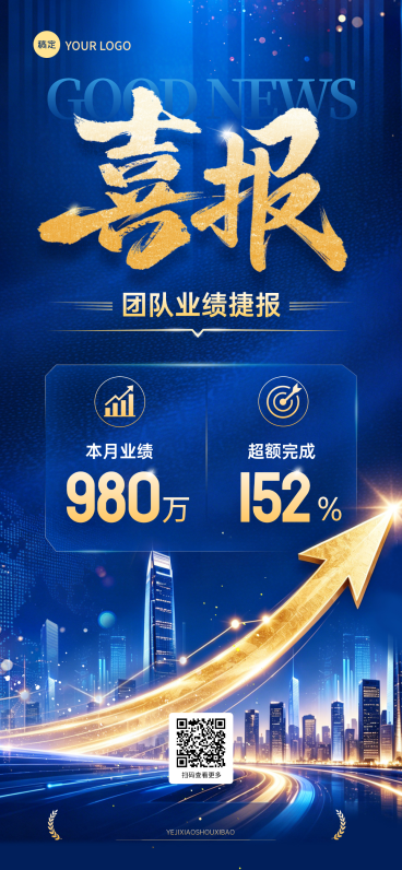 创意蓝色销售喜报宣传全屏竖版海报预览效果