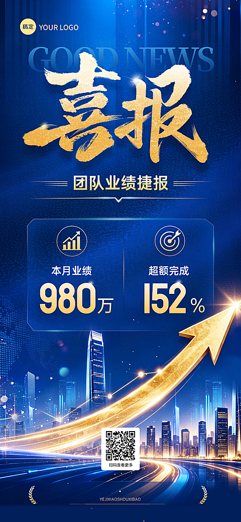 创意蓝色销售喜报宣传全屏竖版海报