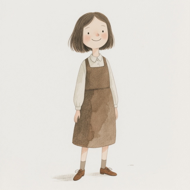 一位年轻美丽的女老师，齐肩短发，正面站立，面带微笑，全身形象，穿着棕色鞋子，背景为纯白色，2D复古绘本风格预览效果