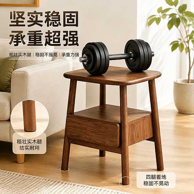 拼多多实木边几电商主图，第2张：坚实稳固卖点图。画面主体为实木边几，特写展示粗壮实木桌腿和稳固结构，桌面上放置重物或做承重示意，配大字文案'坚实稳固 承重超强'，体现产品耐用结实的特点，现代简约风格，浅色家居背景，1:1正方形构图