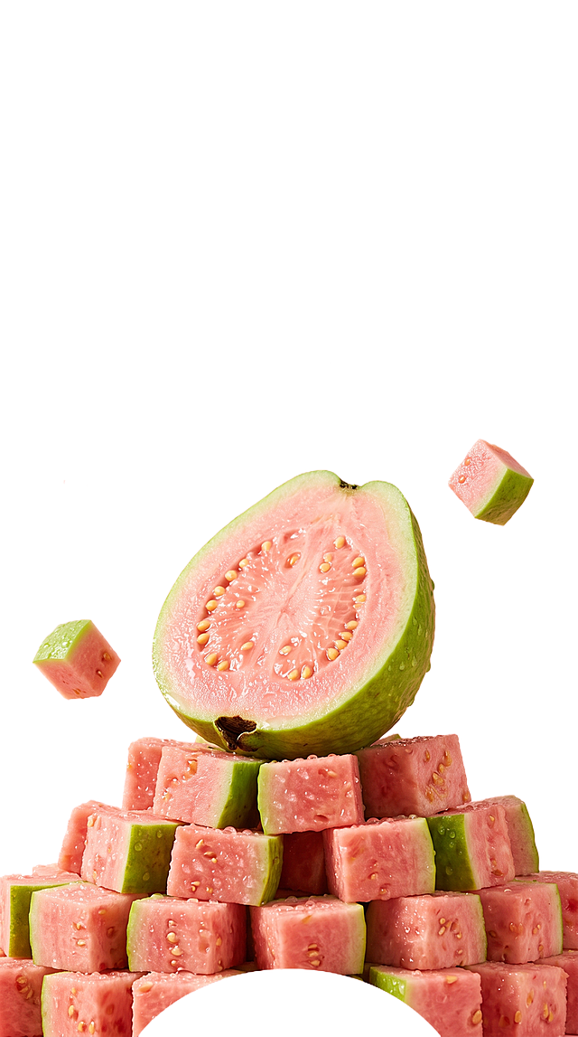 竖版 新式茶饮品牌新品上新海报，红心芭乐主题，8K超高清商业美食摄影质感，叠加简约平面文字排版，影棚级柔和漫射布光，全画面清新粉嫩的少女感调性，适配茶饮品牌新品预热、倒计时宣传与社交媒体物料。

画面风格与整体色调：写实美食摄影+简约平面设计结合的新式茶饮海报风格，以真实食材摄影为视觉核心，搭配层级清晰的文字信息，画面干净高级，氛围感充足；兼顾食材的新鲜真实感与品牌宣传的信息传递效率，是主流鲜果茶饮品牌新品海报的标准视觉范式。整体以柔和蜜桃粉色为统一基调，背景为自上而下的浅粉渐变，过渡细腻自然；主体芭乐果肉为粉嫩的肉粉色，果皮为清新青绿色，点缀淡黄色果籽；文字统一使用深棕褐色，与粉色背景形成柔和对比；整体色调统一协调，粉嫩却不艳俗，精准传递鲜果天然、高维C的清新产品特质，契合年轻女性受众的审美偏好。

画面元素：
1. 背景层：全屏竖版的哑光渐变粉色背景，由顶部的浅蜜桃粉色向下柔和过渡为稍深的暖粉色，底色细腻平整，无多余纹理与杂物；背景整体柔和朦胧，既营造出温柔清新的氛围，又最大化衬托前景的食材主体与文字信息，视觉舒适度极高。
2. 核心视觉主体：画面下半部分为芭乐食材视觉区，采用"底部堆叠+中心主体+空中悬浮"的三层结构，层次丰富灵动。画面最底部铺满多块切方块的红心芭乐果肉，自然错落堆叠成起伏的小丘形态；每块果肉切面饱满，内部是粉嫩细腻的果肉，分布着细小的淡黄色果籽，边缘保留薄薄一层青绿色果皮；所有果肉表面都均匀附着细密的透明水珠，水珠带有明亮高光，真实还原果肉水润多汁的新鲜质感；果块之间前后叠压，光影层次自然，铺满整个画面底部区域。堆叠果块的正上方，放置着一颗对半切开的红心芭乐，是画面的绝对视觉重心；芭乐切面斜朝向观众，果皮为青绿色，表面带有芭莱特有的轻微凹凸颗粒纹理，果蒂处保留深色的果蒂残留；切面果肉为均匀的粉肉色，果肉中心呈放射状分布着一圈淡黄色细小籽，果肉表面水润有光泽，形态饱满厚实，新鲜度拉满。画面左右两侧的空中，各悬浮着一块小型方块芭乐果肉，左侧一块、右侧一块，呈轻盈漂浮的动态感；果肉形态与底部果块一致，带果皮与粉嫩果肉，为静态画面增添灵动的呼吸感，同时强化食材的轻盈新鲜特质。
3. 全画面文字排版（平面印刷质感，层级清晰）：
- 画面最顶端居中位置，排布品牌标识：左侧为大号粗体中文"诺杯"，右侧为上下两行小字，上行"茉莉鲜奶茶"、下行"NUOBEI TEA"；字体为简洁无衬线体，颜色为深棕褐色，品牌识别清晰。
- 品牌栏下方居中位置，分三层排布主标题：最上方为一行小字，两侧带圆形装饰点，内容为"GUAVA"，精致衬线字体，深棕褐色；中间为超大号粗体中文主标题"自然树熟 天然高VC"，字形厚重醒目，深棕褐色，是画面文字的核心信息；主标题下方叠印一行半透明浅粉色手写花体英文"Spring Pink"，弱化处理，丰富画面层次与氛围感。
- 主标题下方居中位置，左右结构排布倒计时区：左侧为竖排文字，左列中文"上新倒计时"、右列英文"COUNTDOWN"，深棕褐色；右侧为超大号数字"3"搭配小号英文"days"，深棕褐色，清晰传递新品倒计时3天的核心信息。
- 画面左侧中部，搭配一行红色手写体文字"“粉芭乐”"，文字带底部下划线，笔触灵动活泼，点明产品口味主题。
- 画面最底部居中位置，排布一行小字"2026 NUOBEITEA®"，深棕褐色，规范版权信息。

光影质感：采用影棚级正前方柔和漫射光，光线均匀通透，无生硬直射硬光与浓重阴影；光线均匀打亮芭乐果肉，在果肉表面的水珠上形成细碎明亮的高光，精准凸显果肉水润多汁的新鲜质感；食材底部带有柔和自然的浅灰色投影，轻轻落在果堆与背景上，既强化食材的立体体积感，又保持画面整体的柔和干净。8K超高清商业美食摄影质感，食材细节还原度拉满；芭乐果皮的凹凸颗粒纹理、果肉的细腻纤维质感、水珠的通透折射效果、果籽的细小形态都分毫毕现；文字部分为平整的平面印刷质感，与摄影主体融合自然；整体画面干净细腻，噪点极低，专业商业海报质感强烈。

镜头构图：竖版纵向构图，正面平视略带15度微俯视视角，采用"上文下物"的经典分层布局；上半部分集中排布品牌、标题、倒计时等文字信息，层级清晰；下半部分为芭乐食材视觉重心，左右悬浮果块平衡画面重量；整体构图饱满有序，信息层级分明，视觉重心突出，新式茶饮新品海报的经典构图范式。整体氛围：清新粉嫩的夏日新品氛围，以新鲜芭乐为核心视觉，直观传递产品天然树熟、高维C的核心卖点，温柔的粉调氛围契合年轻受众审美，适配茶饮品牌新品预热、社交媒体宣传等多元场景。