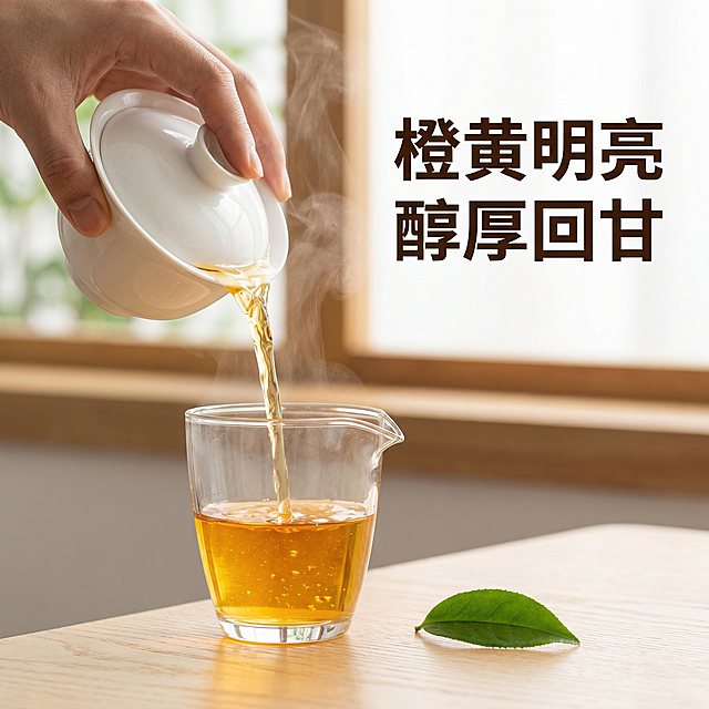 [主图 4 场景体验] 高枞水仙冲泡场景展示，现代简约风格，第一人称视角展示出汤瞬间，橙黄明亮茶汤从盖碗流出落入品茗杯，热气腾腾富有氛围感，背景为简洁干净茶空间，搭配一片新鲜茶树叶子点缀。文字文案 "橙黄明亮 醇厚回甘"，上方大字号深棕色主标题，文字悬浮背景留白处，不遮挡核心冲泡场景，整体自然通透，现代简约风格，符合拼多多平台规范，2k分辨率。