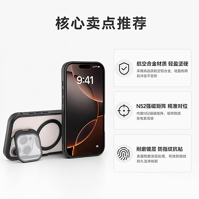 [主图-2] 手机壳核心卖点推荐展示
[氛围风格] 简约商务风，适配1688B端展示
[画质] 商业摄影质感，清晰通透，画面干净高级
[元素] 保持手机壳外观结构颜色完全一致，精细化处理。采用左图右文分层构图，左侧放置手机壳实物图，右侧三个卡片分别展示核心卖点，卡片带浅灰色边框，每个卡片配图标和短句，画面干净，商品主体突出。
[光影] 整体光线均匀明亮，卡片内文字清晰不模糊
[配色] 背景浅灰白色，文字深灰色，卡片浅灰色描边，保持产品原有配色
[视角构图] 左图右文均衡构图，主体清晰
[文字版式] 顶部大字标题"核心卖点推荐"，三个卡片从上到下依次为：第一个卡片卖点文字"航空合金材质 轻盈坚硬"，第二个"N52强磁矩阵 精准对位"，第三个"耐磨镀层 防指纹抗粘"，文字左对齐，清晰可读，大字加粗，小字辅助说明
[比例分辨率] 1:1比例，4k分辨率，文字清晰可辨，超高清
[负向提示词] 变形，水印，文字错乱，产品图模糊，背景杂乱