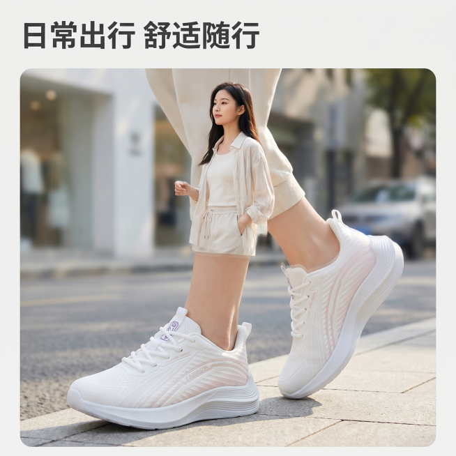 [详情图 1] 飞织网面女款运动鞋上脚效果场景展示。[氛围/风格] 清新日常生活化风格，商业户外摄影质感，光线自然柔和，产品清晰真实，画面干净高级。[元素/光影] 年轻亚洲女生穿着这款运动鞋在城市街道预览效果