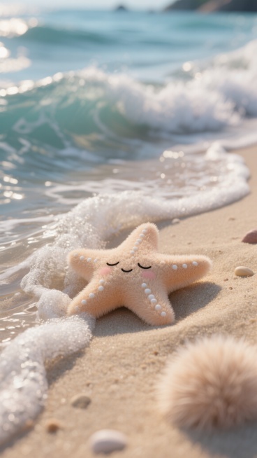 毛绒绒的海浪退去，露出藏在毛绒绒沙子里若隐若现的毛绒绒小海星，海星眯着小眼，表情可爱萌萌的，整体为C4D渲染的不可思议画面，充满毛绒绒艺术感，展现毛茸茸的绒毛世界预览效果