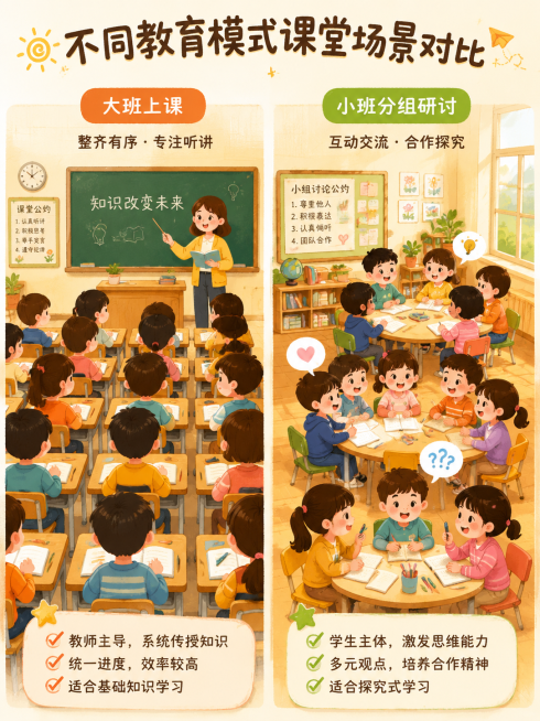 童趣手绘插画，不同教育模式课堂场景对比，左图：大班上课，很多小学生整齐坐课桌前，认真听讲台上老师讲课；右图：小班分组研讨，每桌3-5个小朋友围坐讨论，左右分栏，暖色调，活泼可爱，适合小红书分享配图预览效果