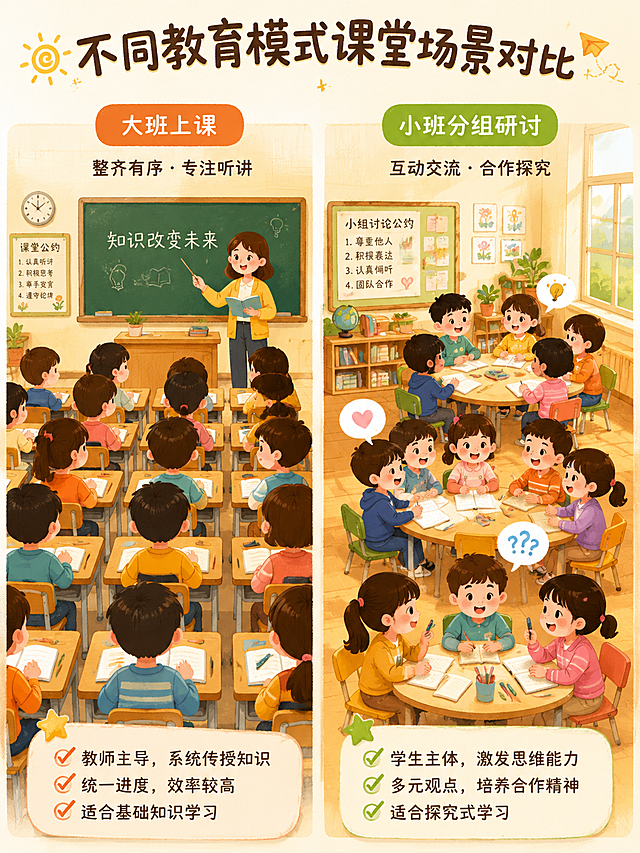 童趣手绘插画，不同教育模式课堂场景对比，左图：大班上课，很多小学生整齐坐课桌前，认真听讲台上老师讲课；右图：小班分组研讨，每桌3-5个小朋友围坐讨论，左右分栏，暖色调，活泼可爱，适合小红书分享配图