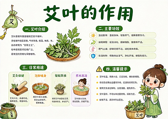 将这张艾叶作用手抄报改成纯白色背景，保留整体卡通风格和所有文字内容排版不变，去除原绿色渐变背景和装饰植物，保持画面干净整洁