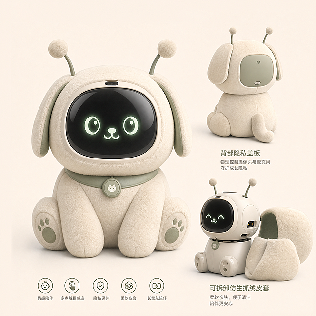设计一款偏向猫猫狗狗形态的陪伴型智能机械产品，面向初中生单亲或留守家庭，萌系造型，高度约25-32cm，整体为圆润的流线型轮廓。机身带有可拆卸的柔软仿生抓绒皮套，主色调为米白色，搭配低饱和度的灰绿色点缀，整体风格安静温润。产品正面设有LED表情显示区域，可呈现柔和的眼神变化，头部两侧是柔软的感应触角，机身背面有物理隐私盖板用于控制摄像头与麦克风开关，产品展示图