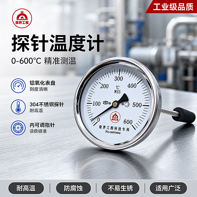 [主图-1] 探针温度计工业专业首图。
[氛围风格] 工业专业品质感，冷灰科技风，工作台实景，传递专业靠谱的工业仪器质感。
[画质] 商业摄影质感，光线明快通透，产品清晰真实，金属边缘高光锐利，画面干净高级，产品精修无划痕无脏点。
[元素] 画面右侧主体为探针温度计（双金属温度计WSS型），正面标度盘朝向镜头，不锈钢探针向右侧延伸，产品完整不裁切。保持产品外观（即物理结构、材质质感、颜色、刻度盘文字与指针样式）与输入产品图一致，杜绝任何变形和色差，精细化处理。商品主体占比约65%。背景为浅灰色金属工作台面，台面有细腻拉丝纹理，远处虚化工业设备轮廓与管线，营造工厂车间环境氛围。左上角放置从产品提取的窑界工程红色圆形Logo，保持原字形配色比例。左侧为文案区，底部通栏卖点条。画面满屏无边框。
[光影] 左上方主光45度斜射，形成金属表壳与刻度盘玻璃的清晰高光边；右侧辅光柔化暗部，底部台面有柔和接触阴影；整体光比适中，高光不溢，暗部有层次，无廉价HDR。
[配色] 主色冷灰（背景与台面）；辅色不锈钢金属银、表盘白；强调色工业红（Logo与重点数据）、科技蓝（辅助图标）。
[视角构图] 平视微俯视角，主体位于画面右侧黄金分割位，左侧留负空间给文案；前中后景分层，景深中等，背景适度虚化突出主体。
[文字版式] 左上区域左对齐排版，主标题大字"探针温度计"黑色粗体无衬线最大号；下一行副标题"0-600℃ 精准测温"字号约一半，深灰色。再下方3个短卖点横排小图标+文字：「铝氧化表盘 刻度清晰」「304不锈钢探针 耐高温」「内可调指针 读数精准」，图标用科技蓝色。底部通栏浅灰底条，均分4个卖点胶囊，白字深灰底：「耐高温」「防腐蚀」「不易生锈」「适用广泛」。右上角红色角标"工业级品质"白字。
[输出要求] 1:1比例，文字清晰锐利可辨，超高清商业摄影质感。
[负向提示词] 变形，文字错乱，产品图模糊，背景杂乱，水印，电商平台Logo，多余的手，多余的手指，畸形手，融合手指，手部扭曲，人物面部扭曲，关节反折。