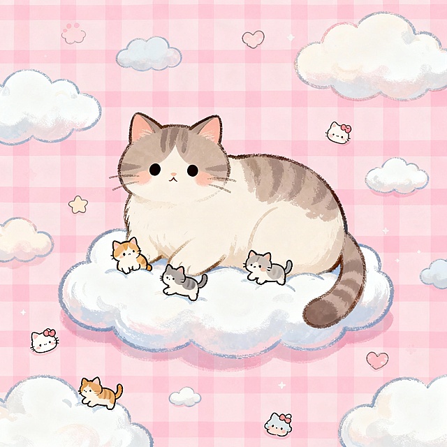 画一张可爱风格的画，背景为粉色格子图，有大小云朵，有可爱元素散布，中间一只大猫咪，云朵上有几只小猫咪在玩耍