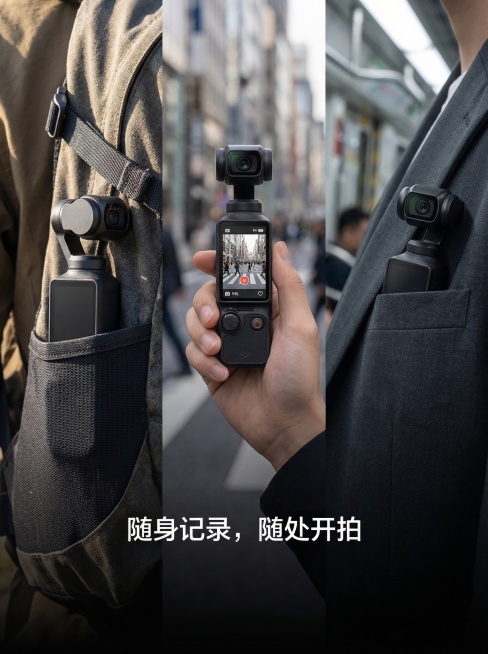 带大疆Pocket系列产品主体，和参考产品实拍图形态完全一致，还原户外旅行、日常vlog、随身记录多场景真实使用画面，产品分别置于背包侧袋、手中、通勤口袋中，光影自然贴合场景环境，无光影割裂，呈现哑光预览效果