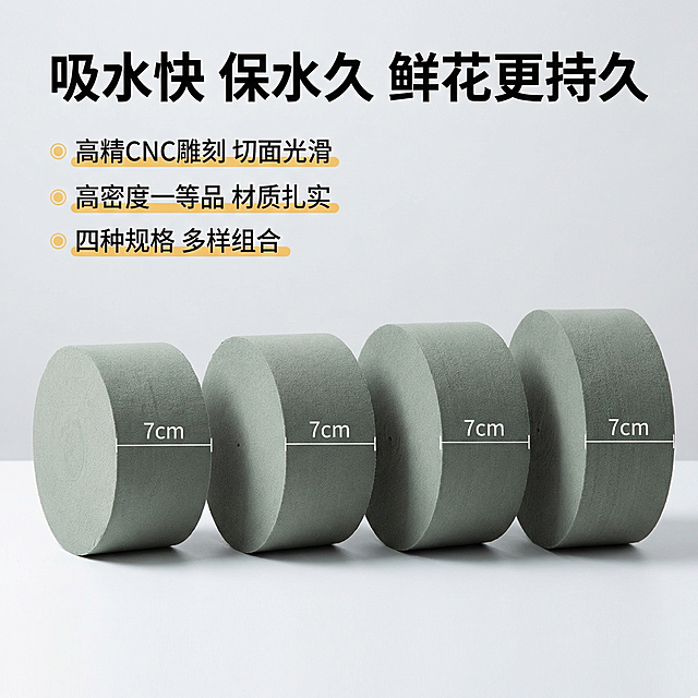 [主图 2],[主图主题] 圆柱形插花花泥核心卖点展示
[氛围/风格] 干净通透专业电商风，明亮柔和自然光
[画面元素] 四张不同尺寸的花泥侧立并排展示，清晰展现7cm统一厚度，产品外观保持和原图一致，浅暖灰色背景，光线均匀突出产品切面质感
[配色色系] 主色调：花泥灰绿色；辅助色：暖黄色标注，浅灰色背景
[视角构图] 正面平视，横向排列，整体居中，产品间距均匀
[文字版式] 顶部大号黑色无衬线粗体主标题 "吸水快 保水久 鲜花更持久"；左侧竖向排列三个核心卖点："高精CNC雕刻 切面光滑"、"高密度一等品 材质扎实"、"四种规格 多样组合"，每个卖点搭配细小圆点图标，文字悬浮不遮挡产品，字号对比清晰。符合排版规范，不遮挡产品核心
[分辨率] 2k 分辨率
