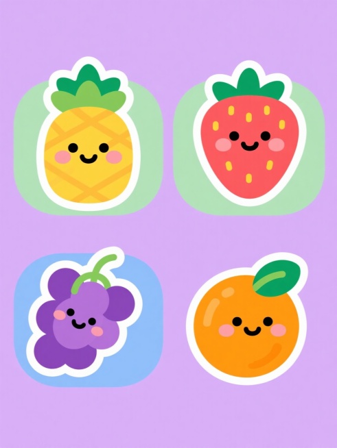 一套四个不同水果的卡通图标集合，每个水果都采用圆润可爱的Q版造型，带有微笑的眼睛和腮红，轮廓有黄色描边和白色高光，背景为纯色且每个水果背景颜色不同，整体风格保持一致，呈2x2网格规整排布。第一个是黄色菠萝配绿色叶子，背景为浅橙色；第二个是红色草莓配绿色叶子，背景为浅绿色；第三个是紫色葡萄串配绿色藤蔓，背景为浅蓝色；第四个是橙色橙子配绿色叶子，背景为浅紫色。所有水果都有简洁的线条装饰和几何形状的……预览效果