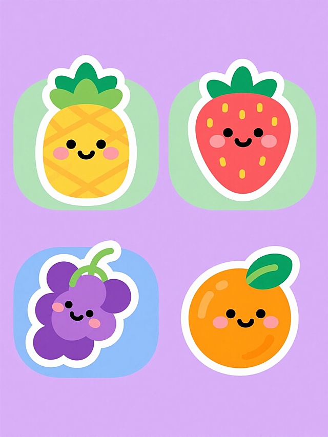 一套四个不同水果的卡通图标集合，每个水果都采用圆润可爱的Q版造型，带有微笑的眼睛和腮红，轮廓有黄色描边和白色高光，背景为纯色且每个水果背景颜色不同，整体风格保持一致，呈2x2网格规整排布。第一个是黄色菠萝配绿色叶子，背景为浅橙色；第二个是红色草莓配绿色叶子，背景为浅绿色；第三个是紫色葡萄串配绿色藤蔓，背景为浅蓝色；第四个是橙色橙子配绿色叶子，背景为浅紫色。所有水果都有简洁的线条装饰和几何形状的点缀，保持统一的卡通风格和设计元素。