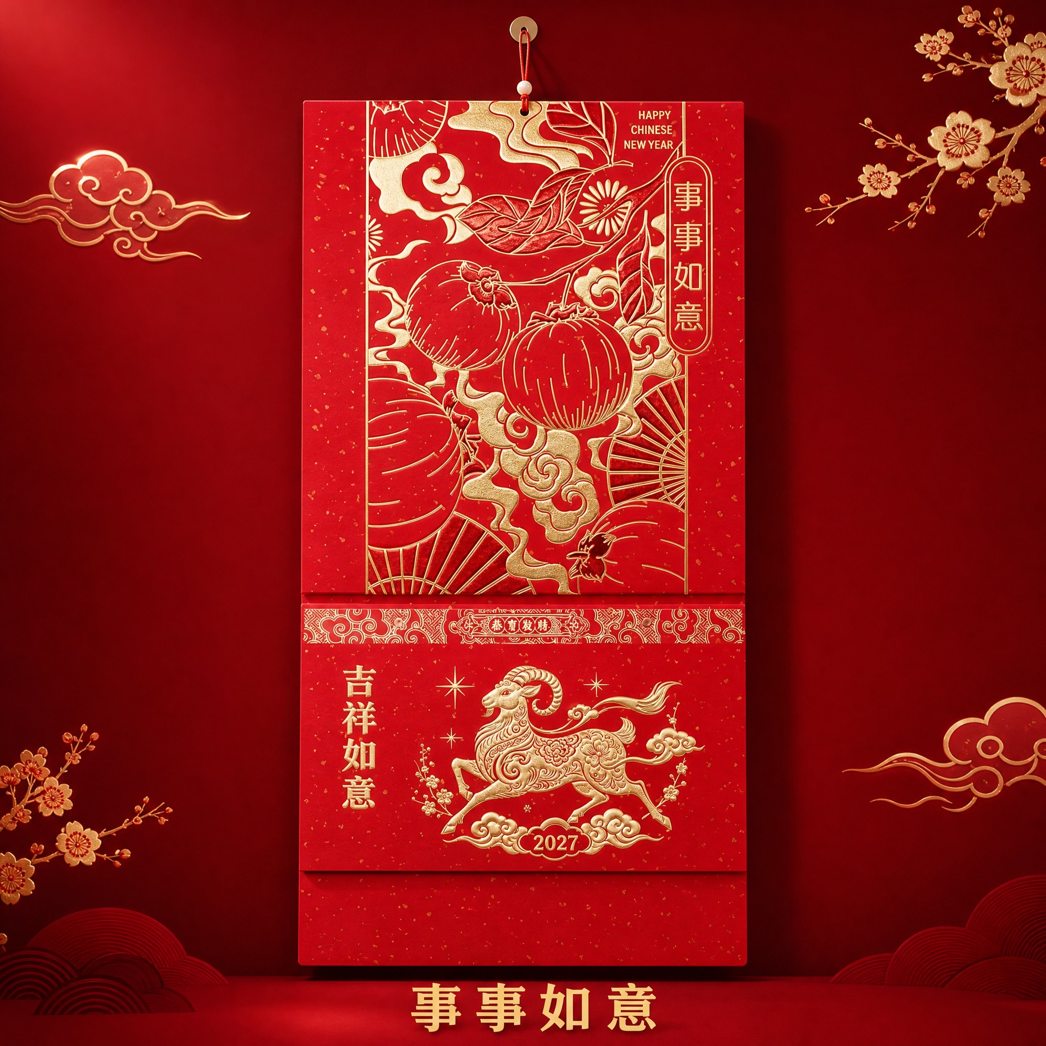 事事如意款2027羊年中国红烫金挂历 SKU单品图。 [统一基… - 图片创意预览
