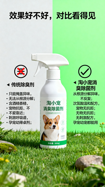 电商详情页效果对比图，背景为浅绿背景，中间放淘小宠宠物消臭除菌剂瓶身，左右分栏对比，左侧背景浅灰，右侧背景亮绿，顶部放主标题"效果好不好，对比看得见"，左侧是传统除臭剂配❌图标：标题"❌ 传统除臭剂"预览效果