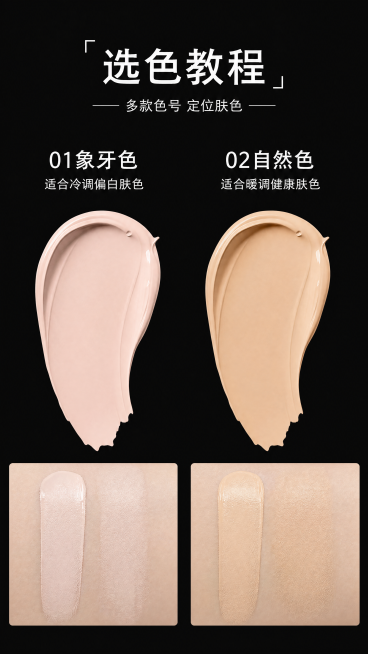 [第8屏] 色号选择指南，本屏展示粉底液两种色号选择方法，版式参考图17。
[氛围/风格] 深黑背景，干净简约，清晰展示色号差异，商业设计感。
[元素布局] 顶部大标题「选色教程」，副标题「—— 多款预览效果