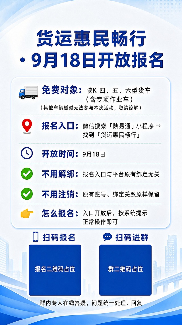 基于参考图的风格和版式重新生成一张通知公告海报，保持完全一致的简约商务蓝白风格、配色、字体、顶部标题、中间6条信息卡片、背景装饰全部不变。

【底部区域修改为双二维码布局】
去掉原来的单个大二维码，改为左右并排两个二维码方块：

左侧二维码：
- 上方文字："📱 扫码报名"，醒目蓝色字体
- 下方是深蓝色正方形二维码占位符，中央标注"报名二维码占位"文字

右侧二维码：
- 上方文字："💬 扫码进群"，醒目蓝色字体
- 下方是深蓝色正方形二维码占位符，中央标注"群二维码占位"文字

两个二维码方块大小一致，左右并排，中间有适当间距，整体居中。
两个二维码下方有一行小字："群内专人在线答疑，问题统一处理、回复"

去掉原来的"还有疑问？扫码进群"大标题和手机图标，换成更简洁的双二维码布局。

其余部分（顶部标题、中间6条信息卡片、背景城市建筑剪影、蓝色波浪装饰、顶部浅蓝色弧形装饰）全部保持与参考图一致。

画面中所有二维码区域使用纯色方块占位符呈现，方块中央标注对应文字，严禁生成任何可识别的二维码图案。
画面中所有数字必须精确渲染，不得错位、遗漏或编造。
画面中所有信息区域必须填充完整合理的内容，不得出现空白框。