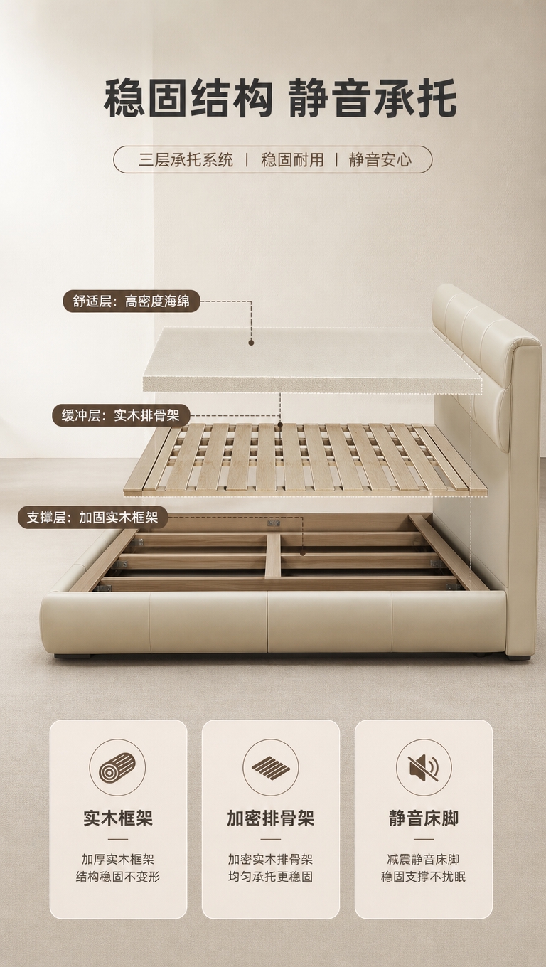 [商品] 使用【图1】米白色意式极简落地款围边真皮床；保留床体… - 图片创意预览