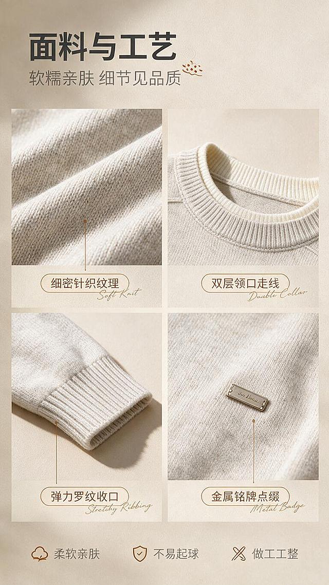 [商品] 使用【图1】米杏色假两件圆领针织毛衣；商品处理：保留假两件双层圆领、落肩袖、胸前小金属标、罗纹下摆与袖口、米杏花纱颜色和针织面料；自然去除衣身杂乱褶皱，理顺垂坠，增强针织纹理、缝线和五金标质感，不改变版型和结构。
[画面] 目标为面料工艺页，突出针织质感与做工细节。竖版9:16构图，采用2x2宫格布局展示4个细节特写：左上为针织纹理微距（可见细密织纹）、右上为假两件领口缝线、左下为罗纹袖口收口、右下为胸前金属标细节。每格占画面约40%，中间留浅色分隔线。顶部为标题区，底部为面料说明文字。
[视觉] 套系策略：风格=轻熟通勤高级杂志风；标题字=现代无衬线粗体（思源黑体Heavy）；正文字=简洁无衬线体（思源黑体Regular）；主色=米杏色；背景延展=基于米杏色做深浅层级、同色渐变和细腻织物/哑光墙面质感；强调色=焦糖棕，仅用于小面积图标、引线和标签；标题色=深炭灰；正文色=中暖灰；组件=圆角浅底信息卡、细线引线、手写英文小字装饰；光影=左前侧暖柔光，柔和自然阴影。
[文字] 顶部主标题「面料与工艺」，副标题「软糯亲肤 细节见品质」。4个宫格下方各配1个短标签：细密针织纹理、双层领口走线、弹力罗纹收口、金属铭牌点缀。底部补充说明：柔软亲肤、不易起球、做工工整。所有文字横排。
[规格] 图片比例9:16竖版，分辨率1K，避免变形、错字、文字过小、冷蓝/蓝灰背景、衣服颜色改变、版型失真、极限词、平台Logo水印。