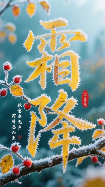 画面主体是由薄霜、黄色叶片组成的“霜降”大字，大字连着覆有薄霜的树枝上黄红相间的叶片与红色果实。有白色书法小字竖排“秋意渐无声 霜降忽而至” ，红色印章二十四节气，背景为带有朦胧感的蓝绿色调自然景象。预览效果