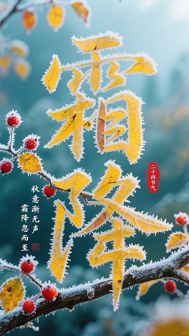 画面主体是由薄霜、黄色叶片组成的“霜降”大字，大字连着覆有薄霜的树枝上黄红相间的叶片与红色果实。有白色书法小字竖排“秋意渐无声 霜降忽而至” ，红色印章二十四节气，背景为带有朦胧感的蓝绿色调自然景象。