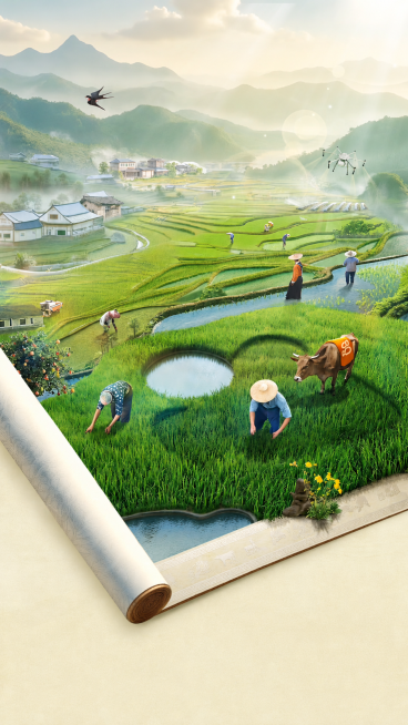 参考原图片的春耕乡村画卷风格，保留画面内容，去除所有文字信息，保留原来的画面构图和景观元素预览效果