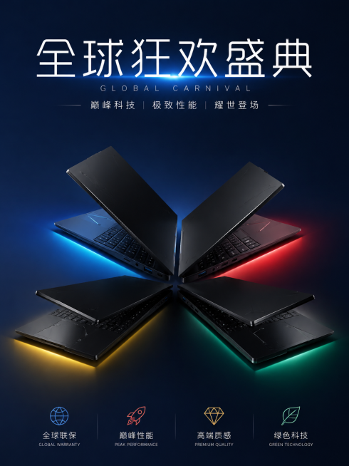极简深蓝色渐变空间，品牌广告风，时尚高端；主体为黑色笔记本电脑，阴影效果分别为蓝、红、黄、绿四色。极简海报设计、创意构图、高级排版字体。全球狂欢盛典，光影氛围感强烈，高光质感拉满预览效果
