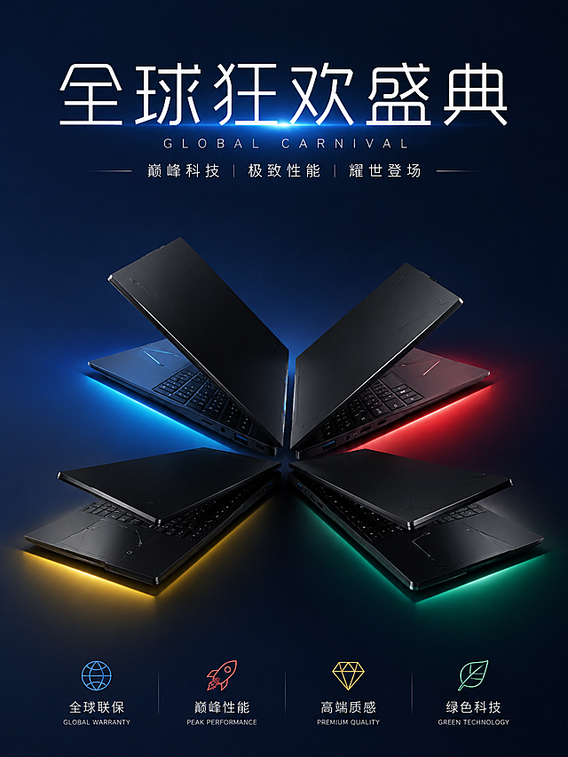 极简深蓝色渐变空间，品牌广告风，时尚高端；主体为黑色笔记本电脑，阴影效果分别为蓝、红、黄、绿四色。极简海报设计、创意构图、高级排版字体。全球狂欢盛典，光影氛围感强烈，高光质感拉满
