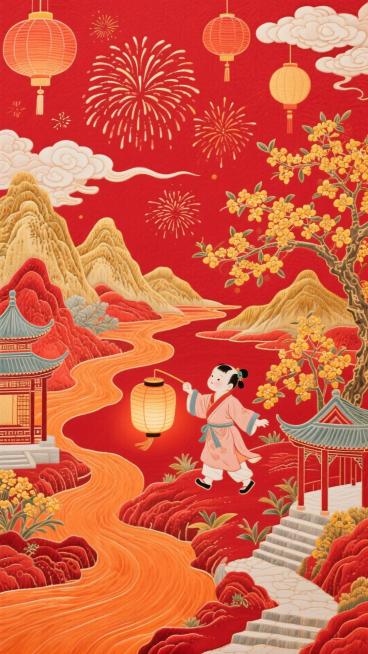 画面整体为刺绣风格，红色春节背景中有烟火、灯笼、云彩，下方有橙色、红色、金色的山峦层层叠叠、蜿蜒的河流、中式楼阁与小亭、金黄桂花树、石阶小路，画中间穿着唐装的孩童手提灯笼嬉戏，刺绣风中式山水，喜庆烟花预览效果