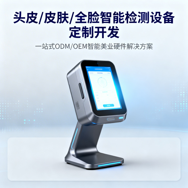 智能美业硬件电商主图，1:1比例，2K分辨率，科技简约商务风格。顶部核心信息区主标题为“头皮 / 皮肤 / 全脸智能检测设备 定制开发”，加粗醒目深蓝色字体；副标题为“一站式 ODM/OEM 智能美业预览效果