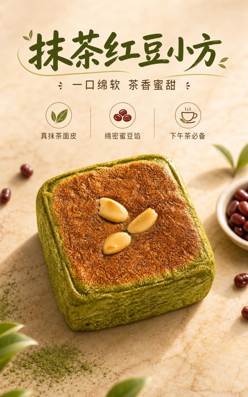 [商品] 使用【图1】抹茶红豆小方；保留方形外观、抹茶绿色面包… - 图片创意预览