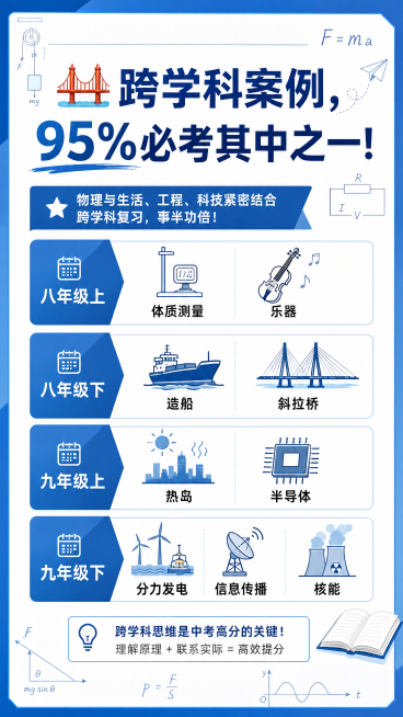 干货知识风格教育海报，延续蓝白专业配色，保持物理公式线稿装饰元素，大标题为"🌉 跨学科案例，95%必考其中之一！"，正文内容罗列：八年级上：体质测量、乐器；八年级下：造船、斜拉桥；九年级上：热岛、半预览效果