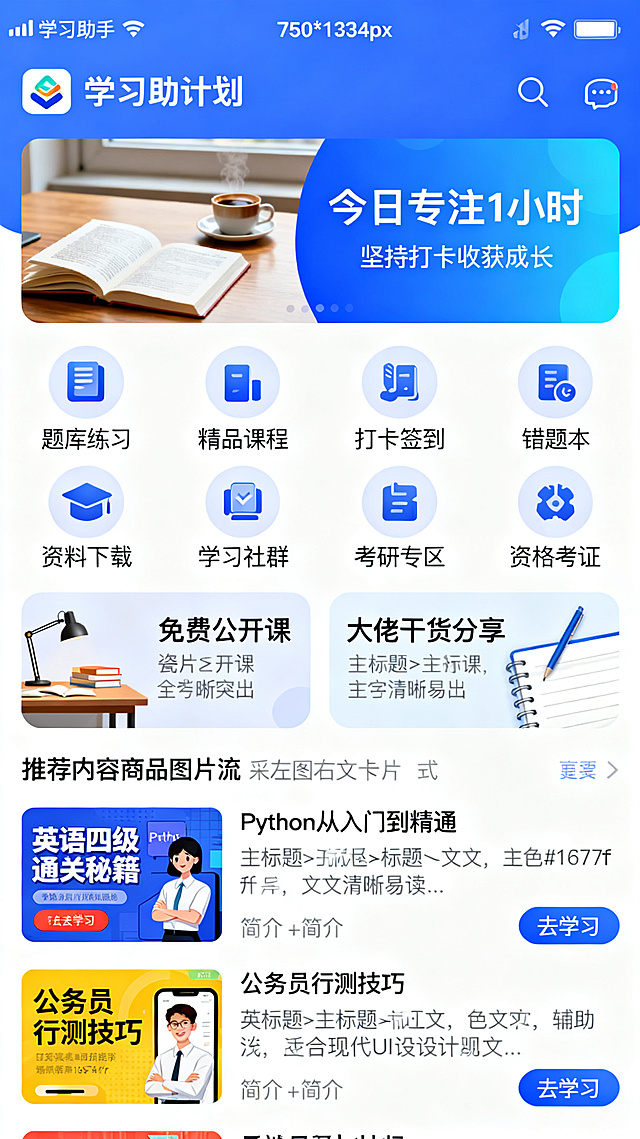 学习类APP综合型首页UI设计，尺寸750*1334px，整体风格简约现代扁平风，蓝白色调性，风格统一，界面干净清爽。
从上到下依次包含完整功能模块：
1. 顶部导航栏：左侧“学习助手”logo，右侧搜索图标和消息图标，状态栏留白。
2. 轮播Banner位：首屏展示“每日学习计划”，配图为书桌书本咖啡场景，主文案“今日专注1小时”，副标题“坚持打卡收获成长”，蓝色渐变背景，左文右图布局。
3. 金刚功能区：8个圆形图标排列成2行4列，图标分别对应：题库练习、精品课程、打卡签到、错题本、资料下载、学习社群、考研专区、资格考证，图标下方配对应文字。
4. 瓷片区：双卡片左右布局，左侧“免费公开课”配书桌背景，右侧“大佬干货分享”配笔记背景，卡片圆角设计，文字清晰突出。
5. 推荐内容商品图片流：千人千面推荐，采用左图右文卡片式布局，展示3张推荐卡片，分别为：“英语四级通关秘籍”、“Python从入门到精通”、“公务员行测技巧”，每张配对应课程预览图，标题+简介+“去学习”按钮，排列整齐，间距一致。
界面元素规范，所有模块间距合理，字体层级分明，主标题>副标题>正文，色彩统一主色#1677ff，辅助浅灰，文字清晰易读，符合现代UI设计规范。