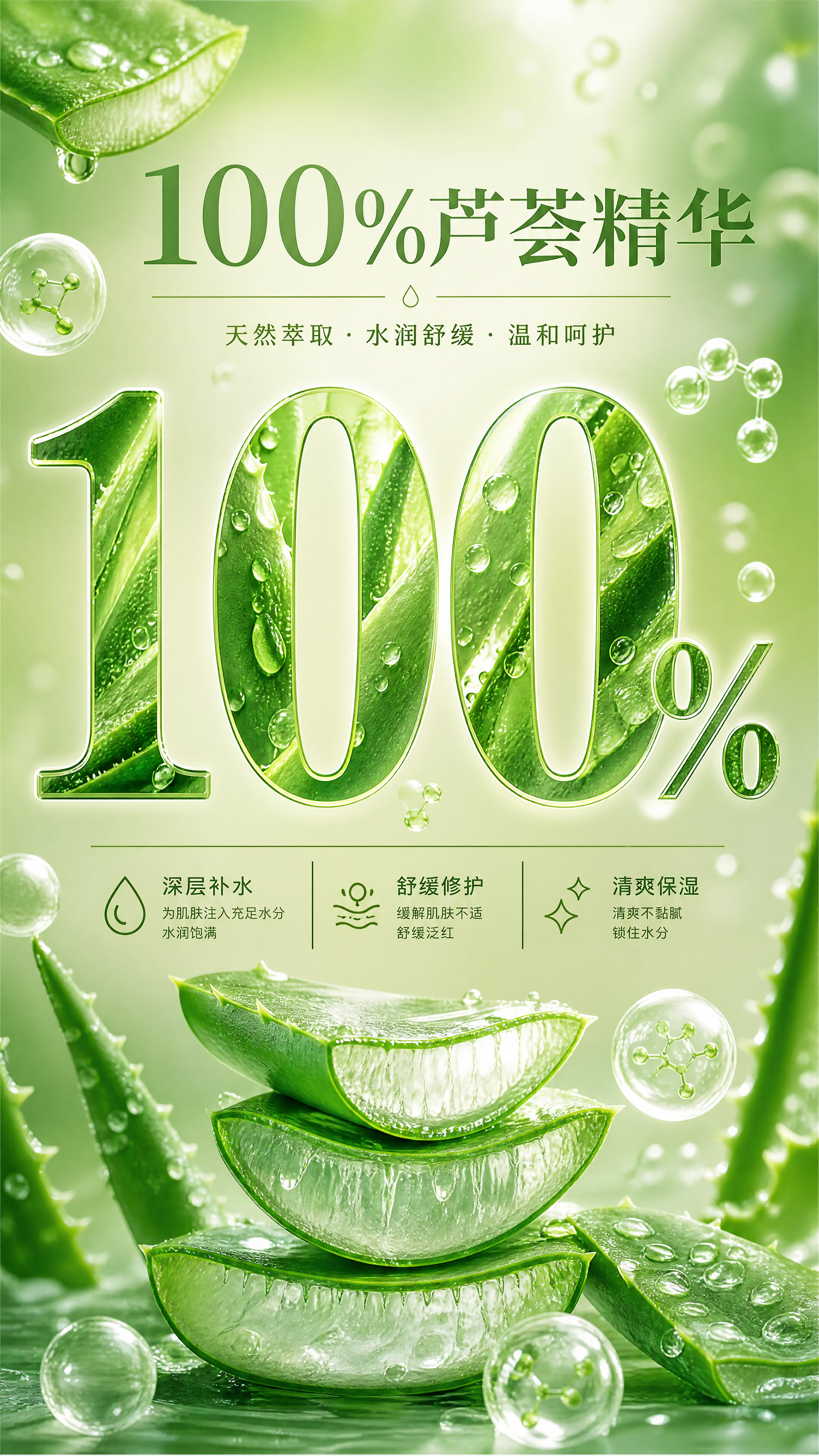清新水润风格的芦荟精华成分海报，中央有巨大的100%数字，数字… - 图片创意预览
