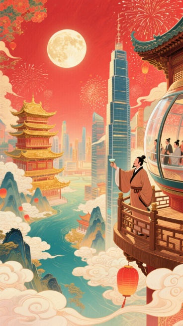 一侧，古代木质观景台，古代文人聚此，举着酒樽、凭栏望圆月、山河；另一侧，现代摩天楼高空观景舱，现代游客透过全景玻璃，赏烟花，背景古楼阁与城市高楼相融合，明月照。整体画面充斥着华丽的金色和喜庆的红色，奇预览效果