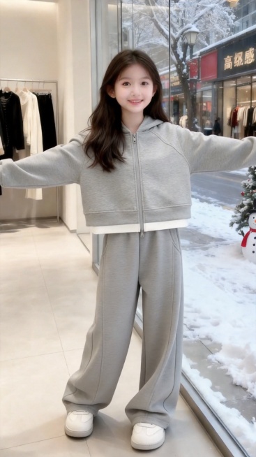 把图1的衣服和裤子给图的2的人物穿上，保留原场景光影，保持图2的人物的五官和发型不变，图片宽高尺寸不变，背景不变，鞋子变为白色运动鞋，模特的姿势不变，保持图1的衣服和裤子的款式和颜色不变预览效果